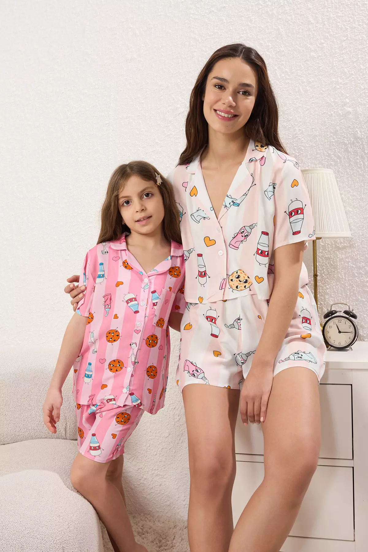 Multicolored Girl's Mini Me / Mother-Daughter Pajamas Set Animal Basketli Short Sleeve