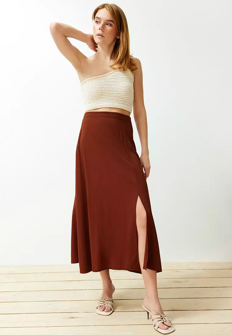 Textured Fabric Midi Skirt with Slit Detail