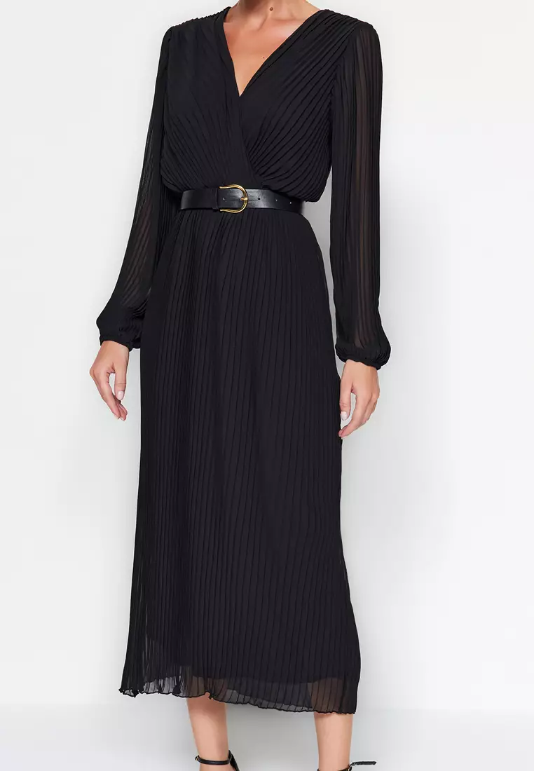Black Belted A-Line Pleated Maxi Lined Chiffon Flight Flight Woven Dress Twoaw24El471