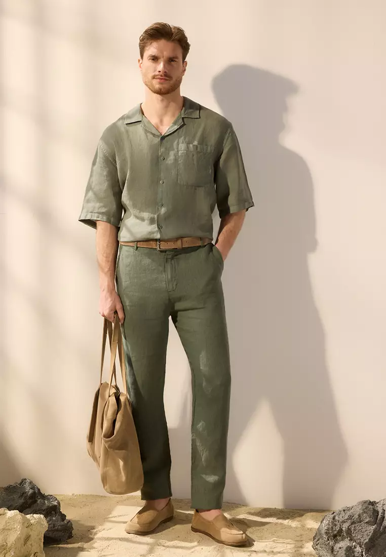 Khaki Limited Edition 100% Linen Regular Fit Trousers