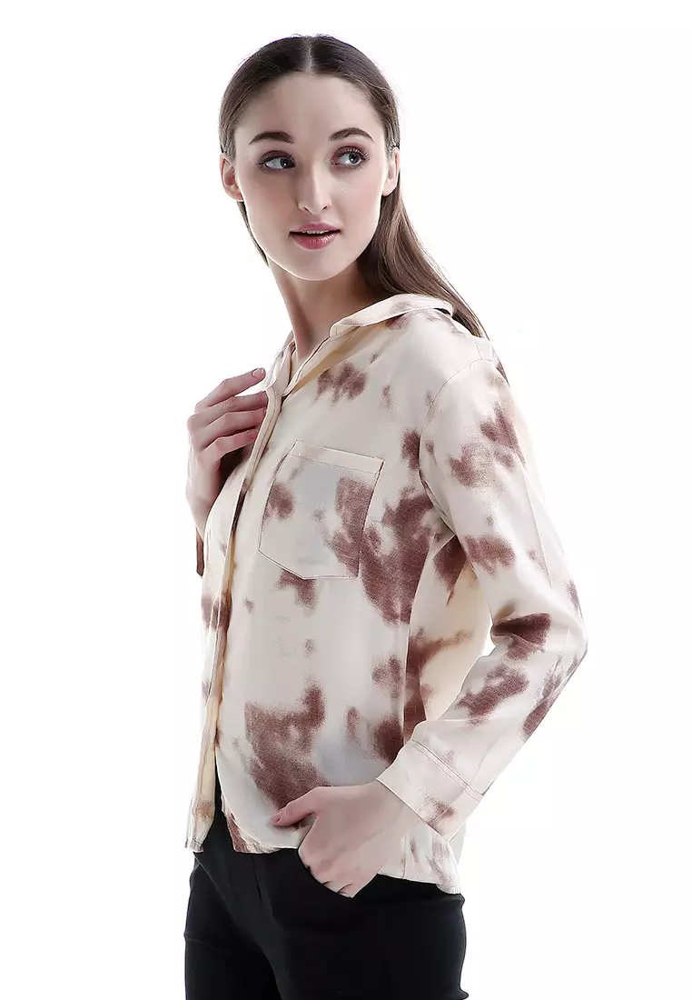 Oakley Long Shirt Tie Dye Design Simple Kemeja Atasan Wanita - Coklat