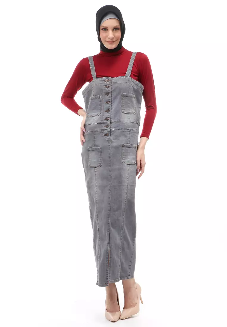 Ellida Overall Wanita Jeans Rok Kodok Regular Fit - Grey