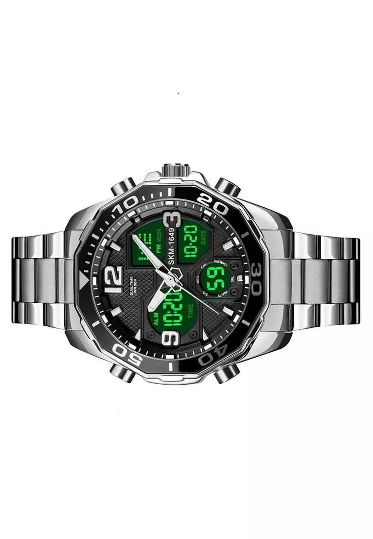 Jam Tangan Analog Digital Pria Design Elegan Water Resistant 30m Material Strap Tali Stainless Steel HK16 ORIGINAL