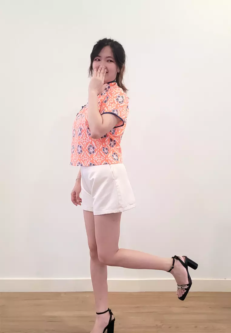Ivory Cheongsam Top in Orange Blue Flower Stamped Batik