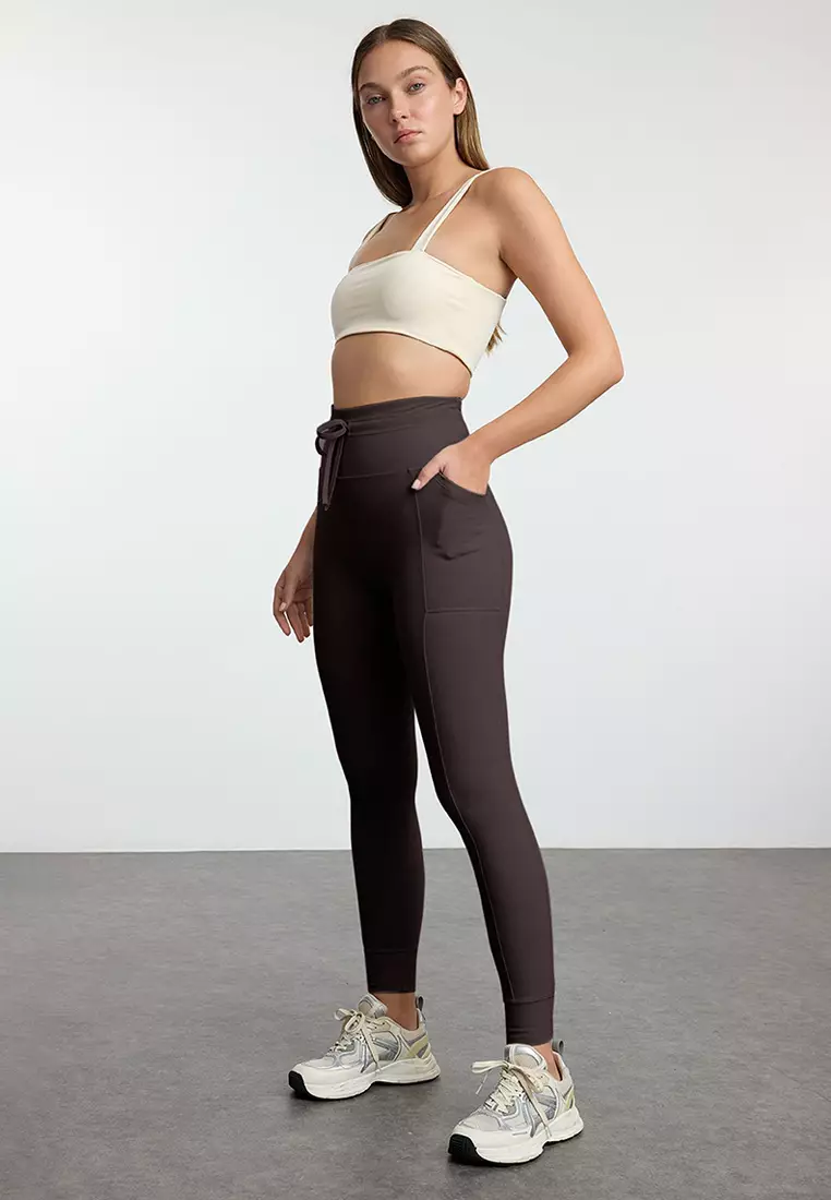 Brown Brushed Soft Fabric Pocket and Tie Detail Full Length Knitted Sports Tights THMAW25TY00014