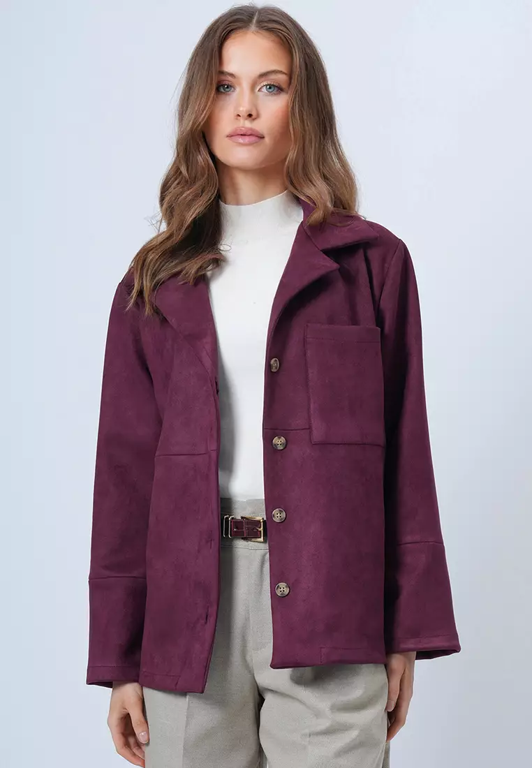 Buy Alacati Mürdüm Single Pocket Faux Suede Jacket With Stitching