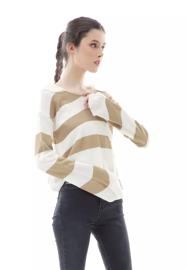 Vilia Rajut Crop Atasan Wanita Oversize Motif Stripe Garis Relaxed Fit - Khaki