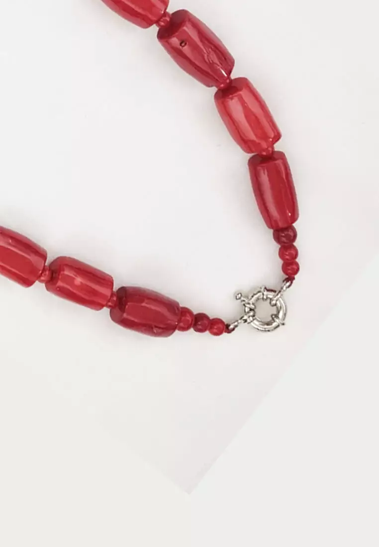 Pearl Embellished Coral Necklace Kalung Wanita Red