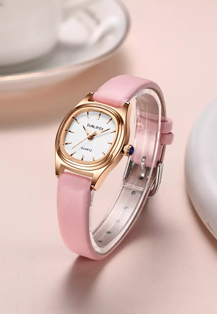 Jam Tangan Wantia Casual Fashion Dial Kotak Analog Quartz Strap Leather Jam Tangan Cewek pink