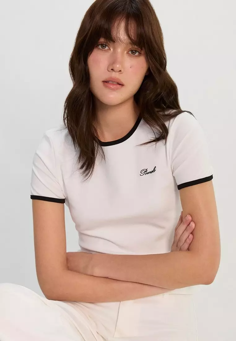 Contrast Trim Fitted Tee - Off-White