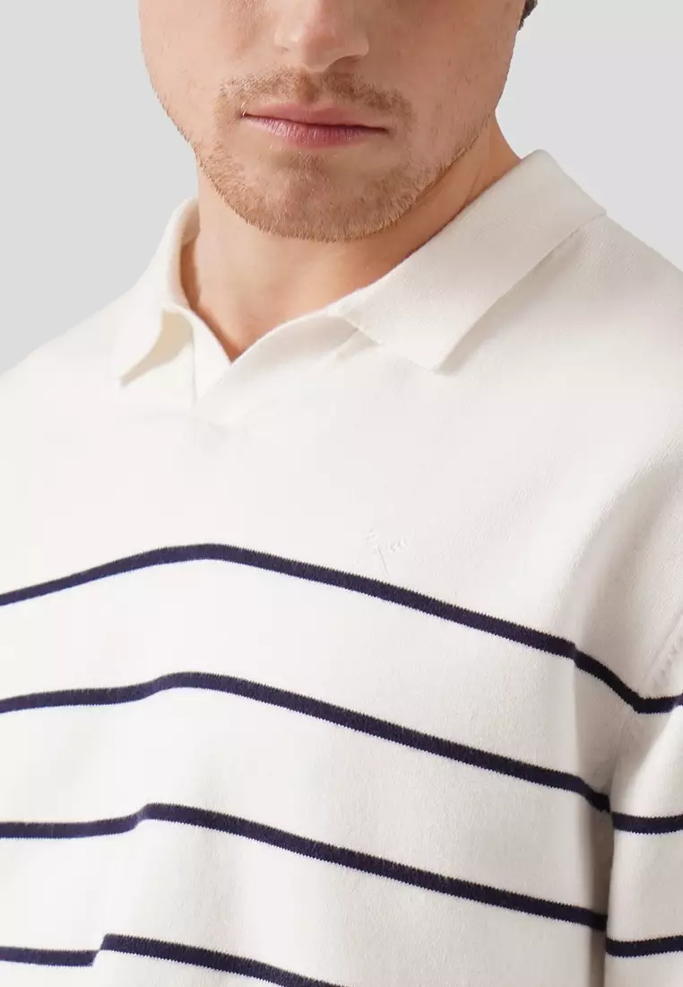 Regular Fit V-Placket Striped Pullover In Flat Knit