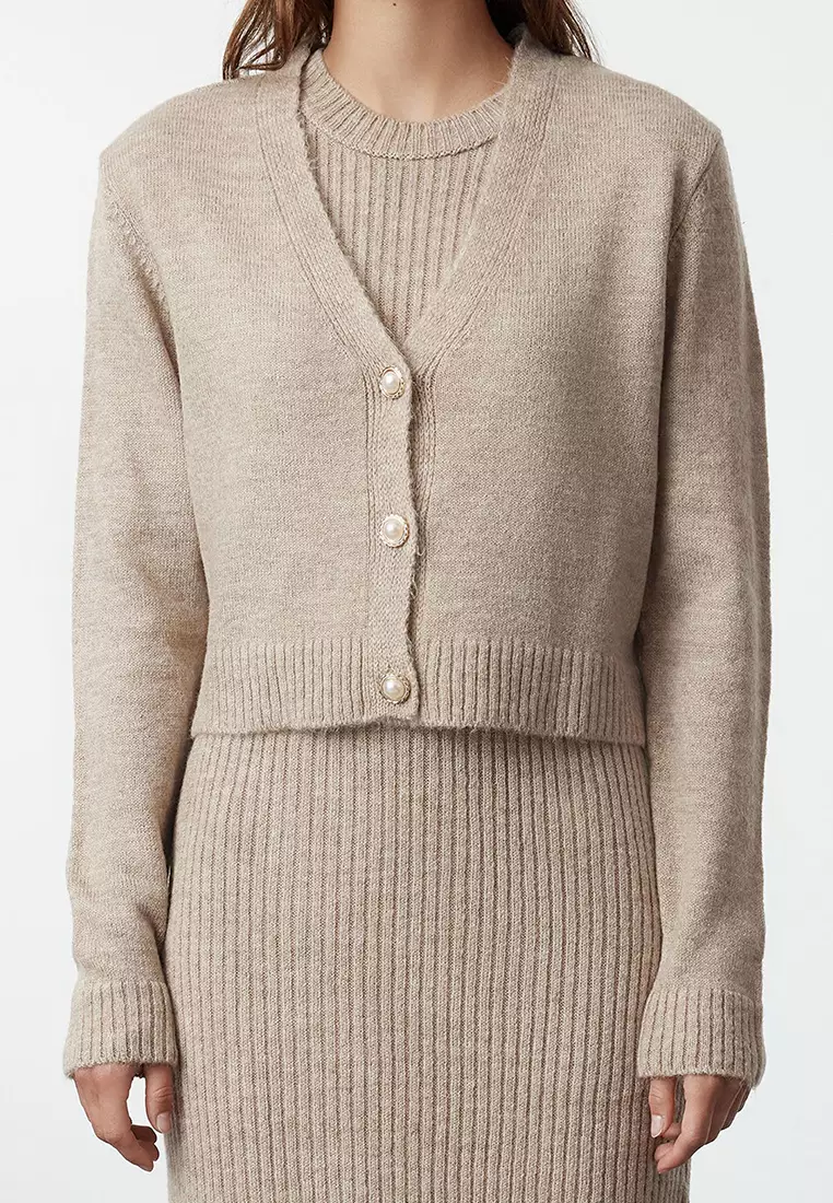 Light Brown Corded Soft Textured Knitwear Dress Cardigan Suit TCTAW25US00049