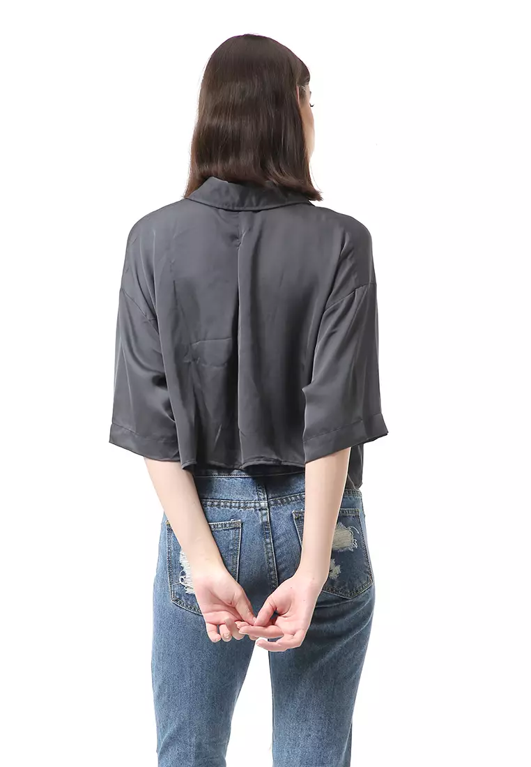 Brielle Atasan Wanita Kemeja Oversize Plain Motive Lengan Pendek Material Satin ORIGiNAL - Pine Green