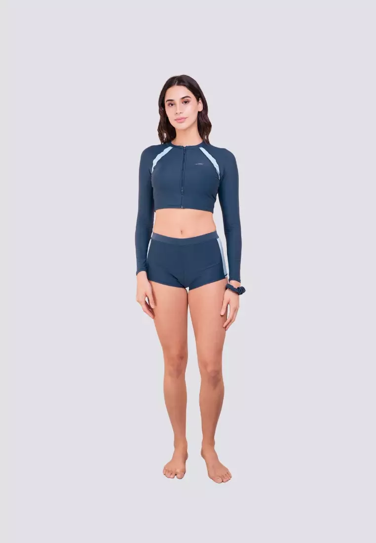 Blue Daisy Cropped Rashguard Boyleg Set Swimwear for Women