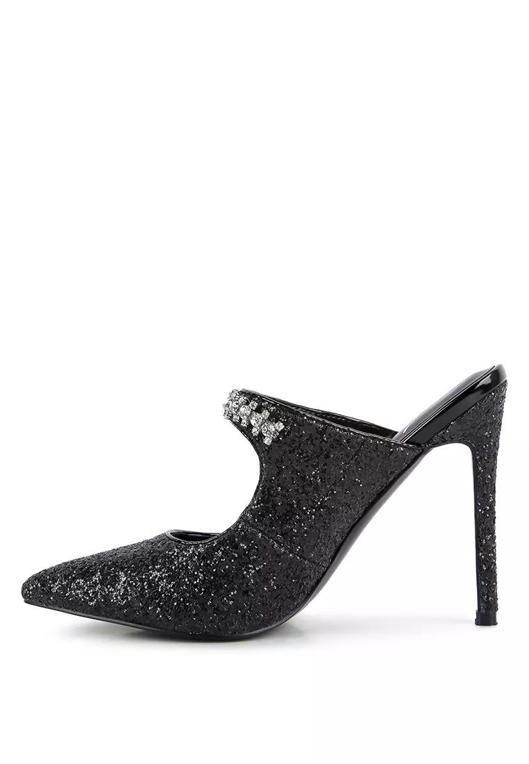 Black Glitter Diamante High Heeled Sandals
