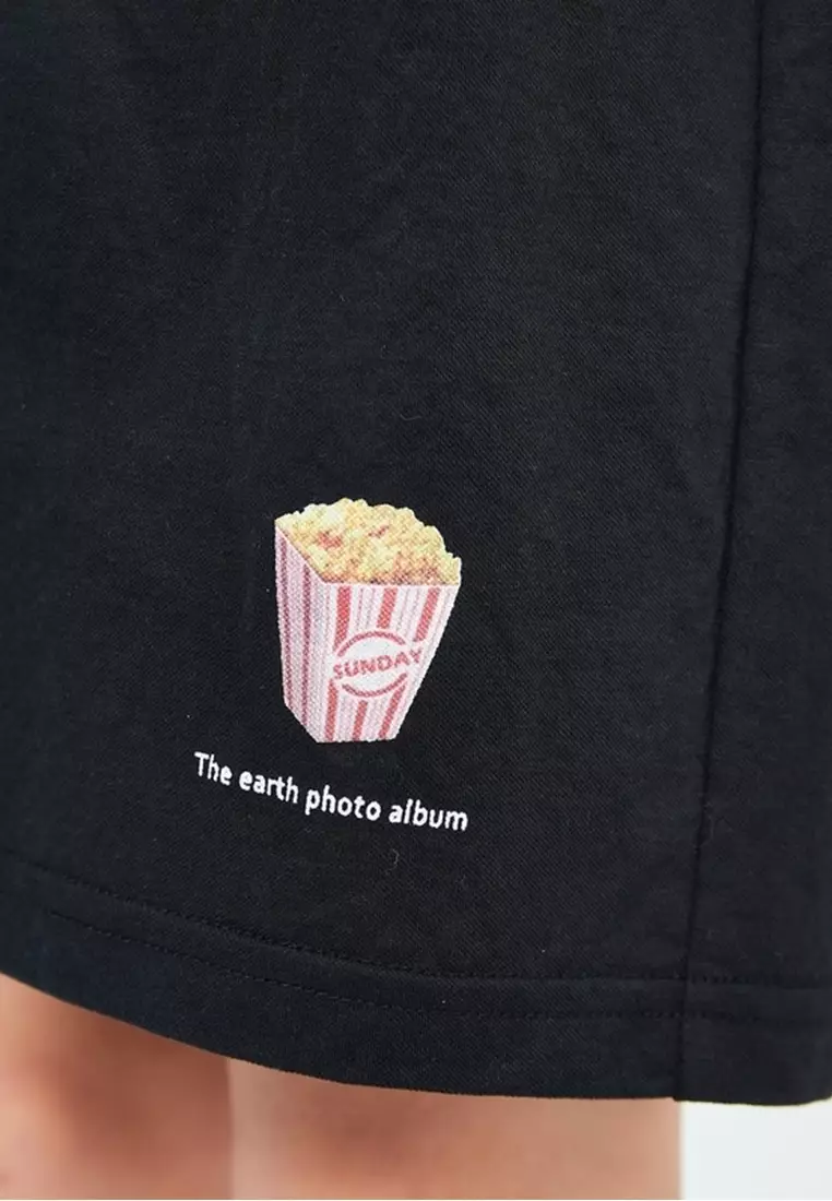 Drawstring Knitted Graphic Print Short