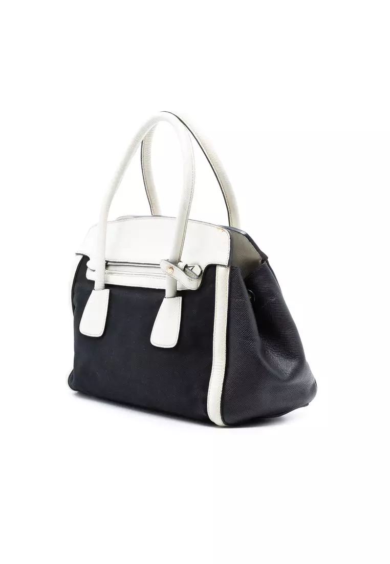 Pre-Loved Prada Bicolor Saffiano Cuir Trimmed Canvas Satchel
