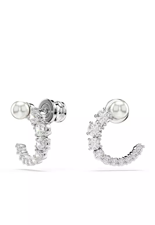 Matrix Hoop Earrings, Crystal Pearl, Round Cut, White, Rhodium Plated