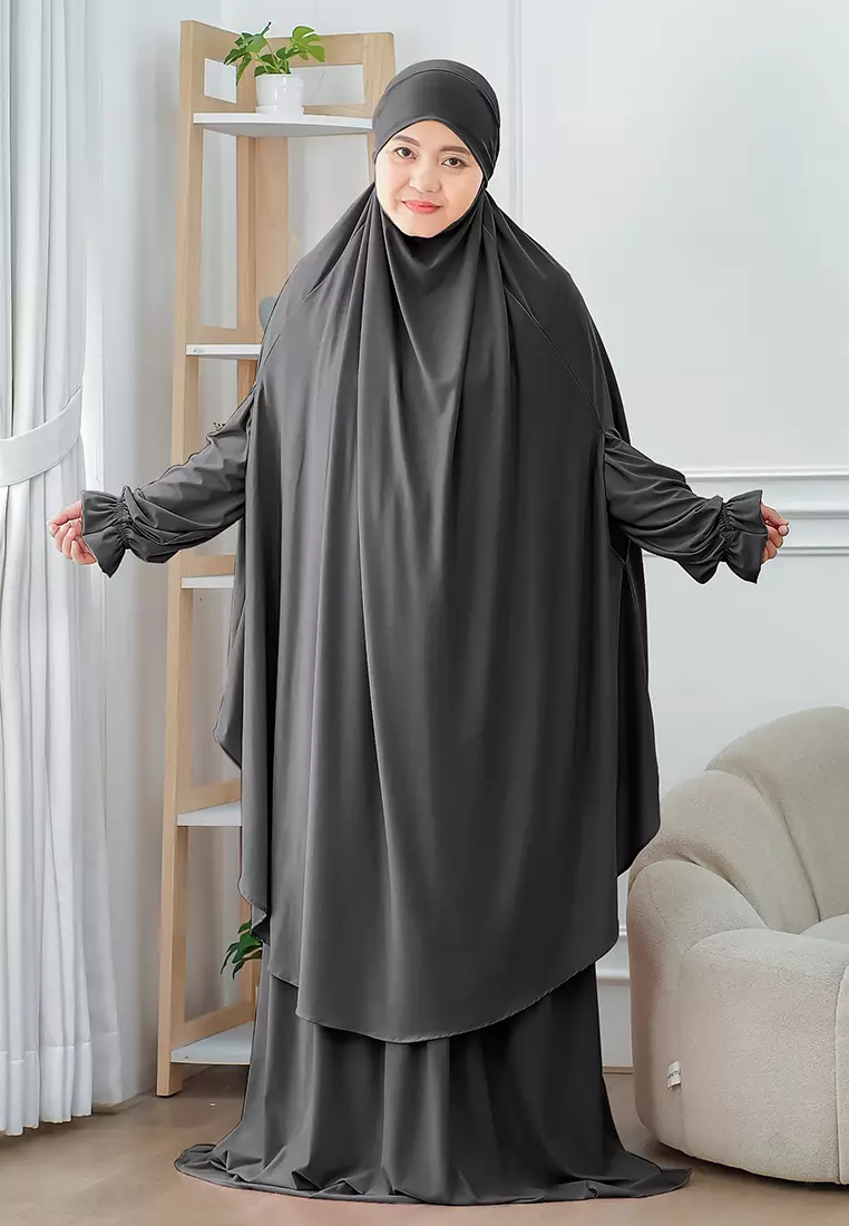 Wafa French Khimar Set | One Set Dress Abaya Syari - Black Pearl - XL