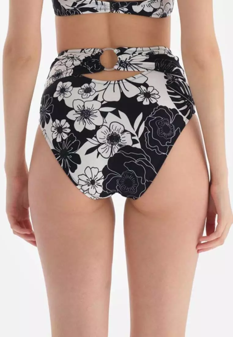 Black - White Bikini Bottoms, Floral Printed, Swimwear for Women