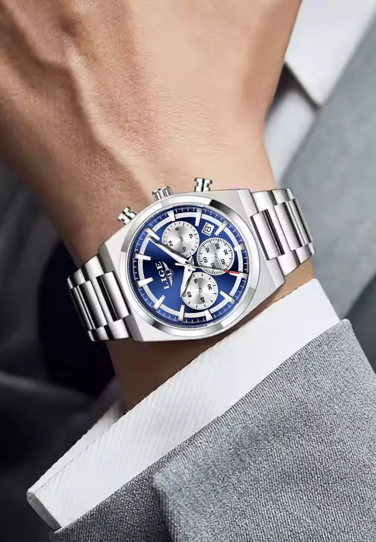 Chronograph Unisex Silver Color Alloy Quartz Watch 41mm, Stainless Steel Bracelet