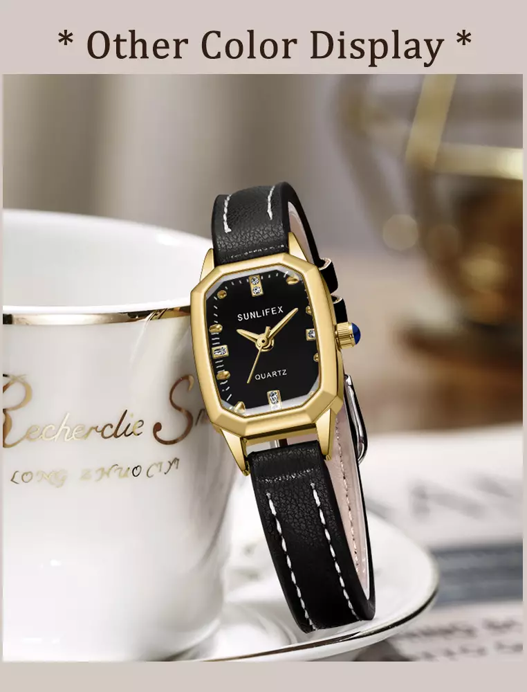 Jam Tangan Wanita Mode Tali Kulit Gaya retro Korea Berlian Jam Tangan Cewek Black