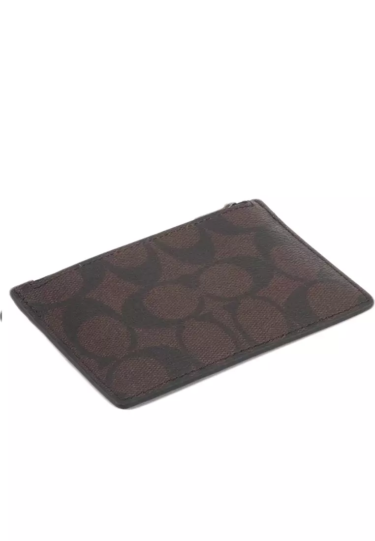 Zip Card Case In Blocked Signature Canvas - Brown
