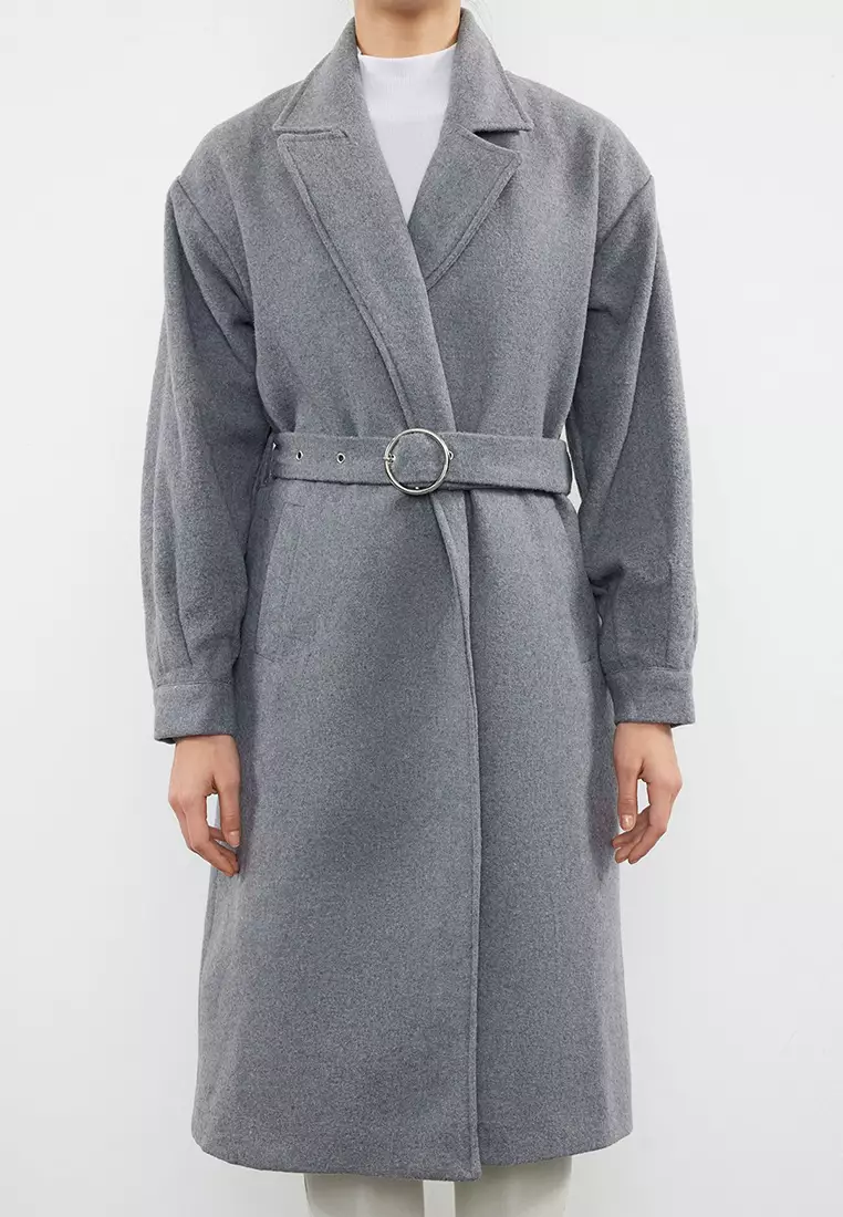 Gray Buckle Detailed Belted Regular Coat TWOAW20KB0029