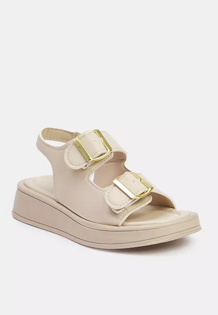 Beige Double Buckle Women's Thick Tan Sandals Takaw25Sd00000