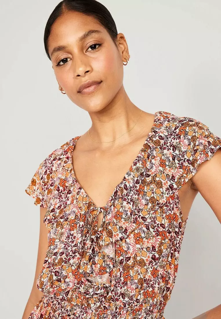 Waist-Defined Sleeveless Ruffle-Trim Top For Women