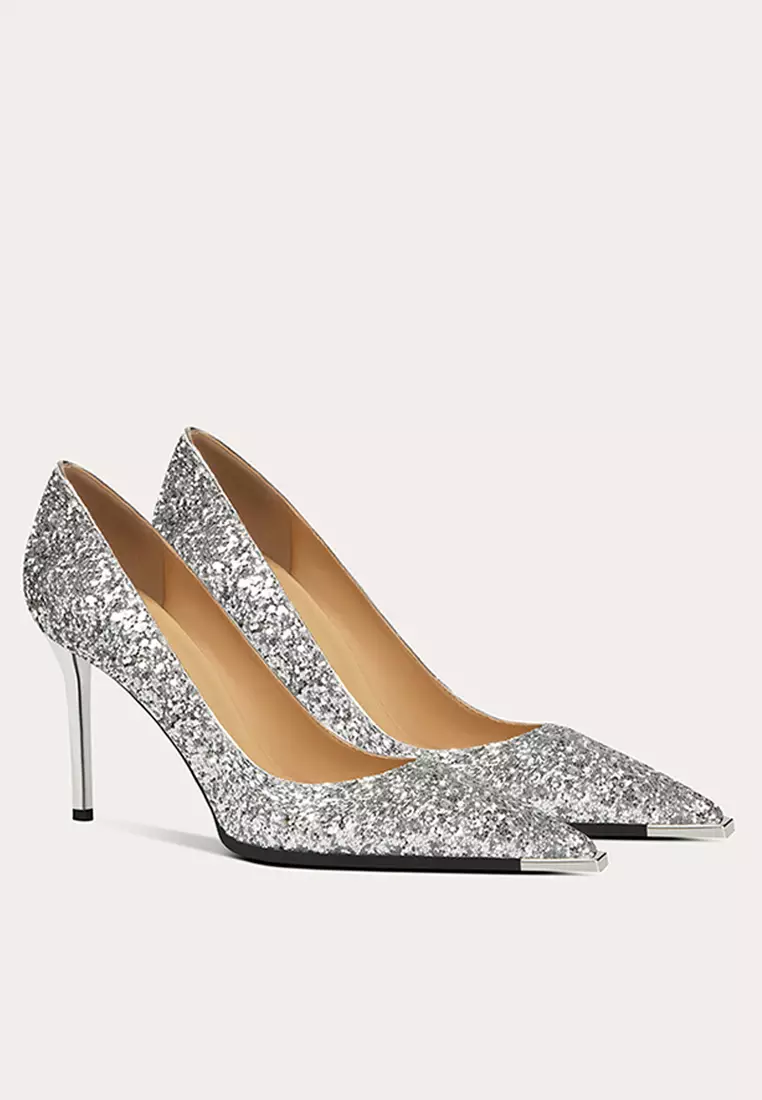 8CM Sequins Pointed Faux Leather Wedding Heels PX908-1-1