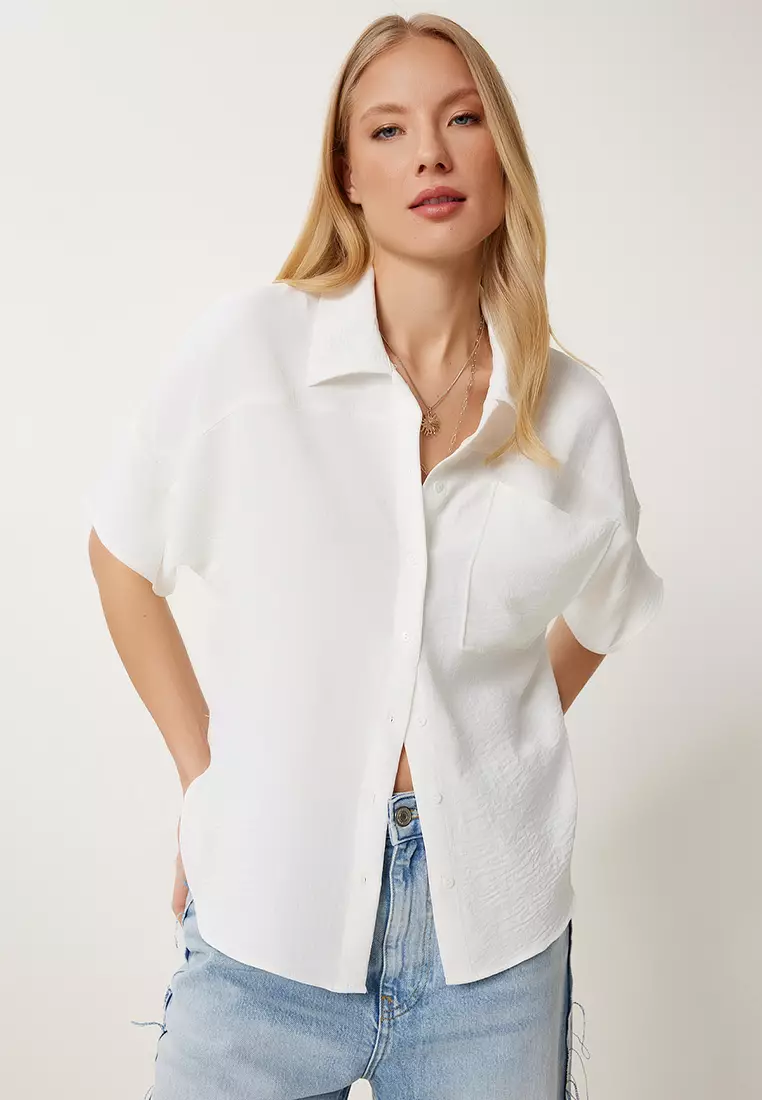 Women's Ecru Wrinkle Effect Pocket Woven Blouse Mx00193