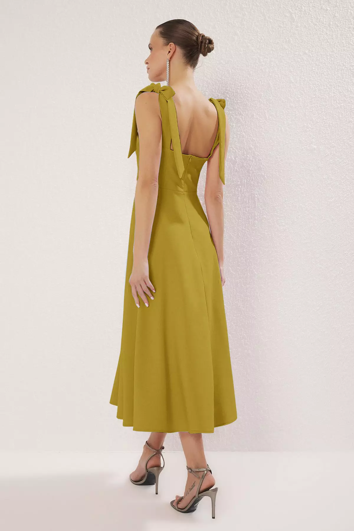 Oil Green A Line Strap Lacing Detailing Midi Stylish Evening Dress