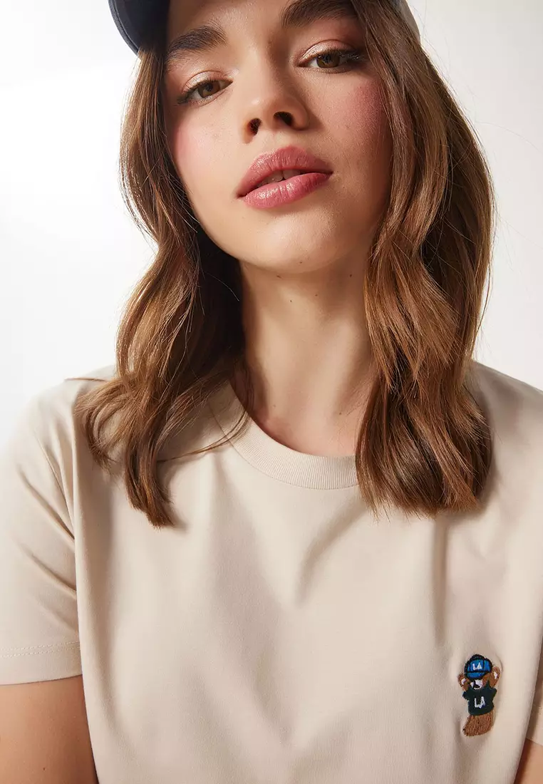 Teddy Bear Embroidered Cotton Knit T-Shirt