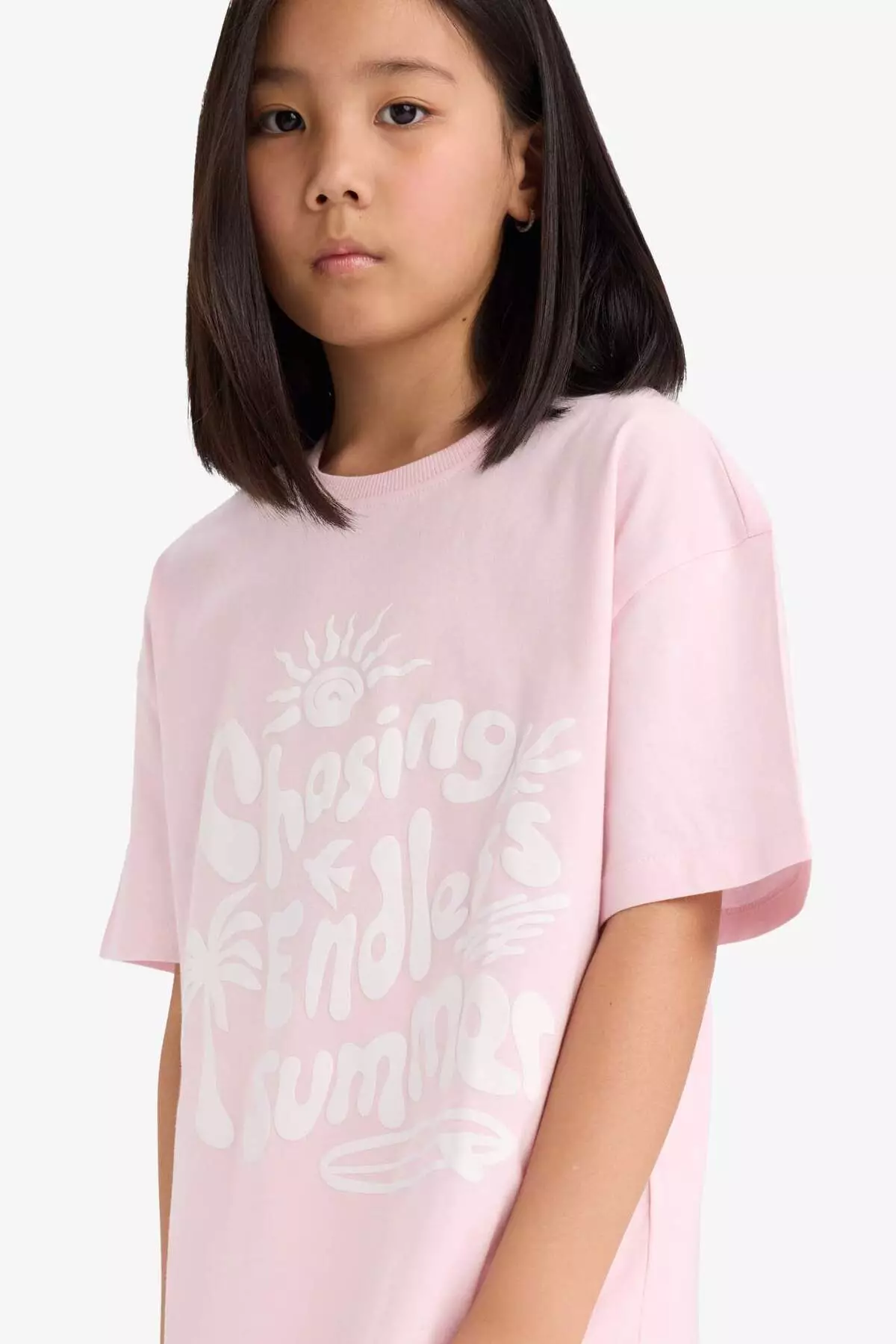 Girls' Oversize Wide Fit Crew Neck Printed Short Sleeve T-Shirt E0392A825Sm