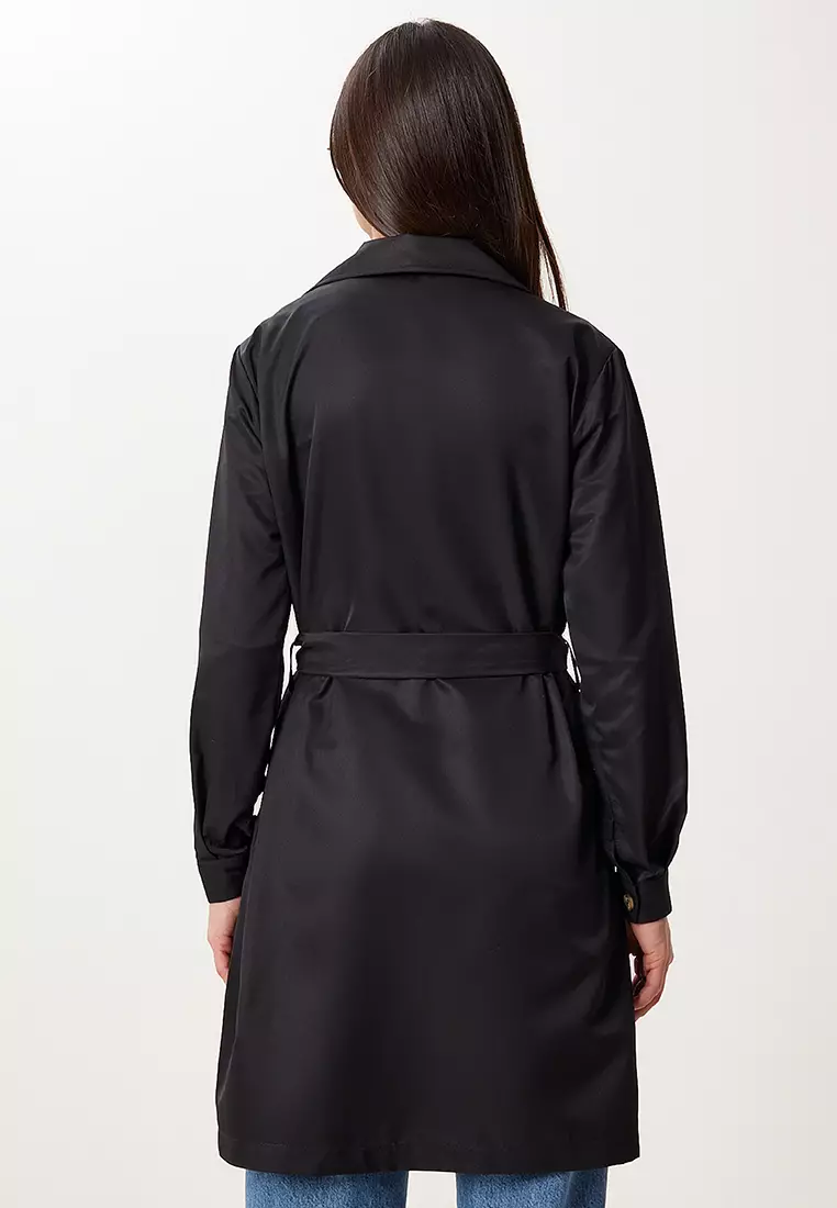 Women's Black Double Breasted Collar Belted Seasonal Trench Coat Dd01374