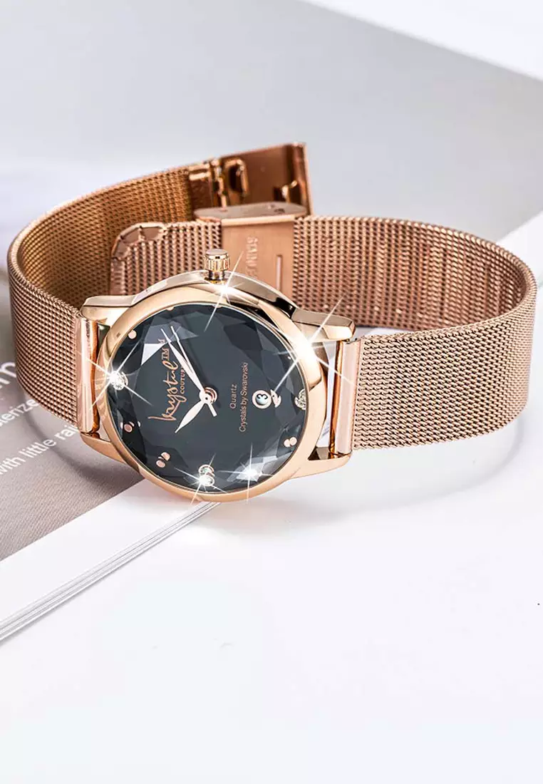 Krystalline Sleek Rose Gold Black Watch Embellished With SWAROVSKI® Crystals