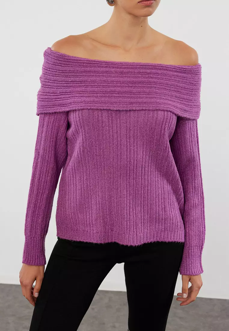 Plum Soft Textured Carmen Collar Knitwear Sweater TWOAW25KZ00076
