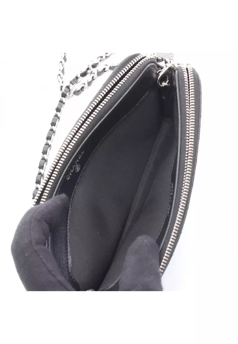 Pre-Loved Chanel Double zip chain wallet Caviar skin black silver hardware