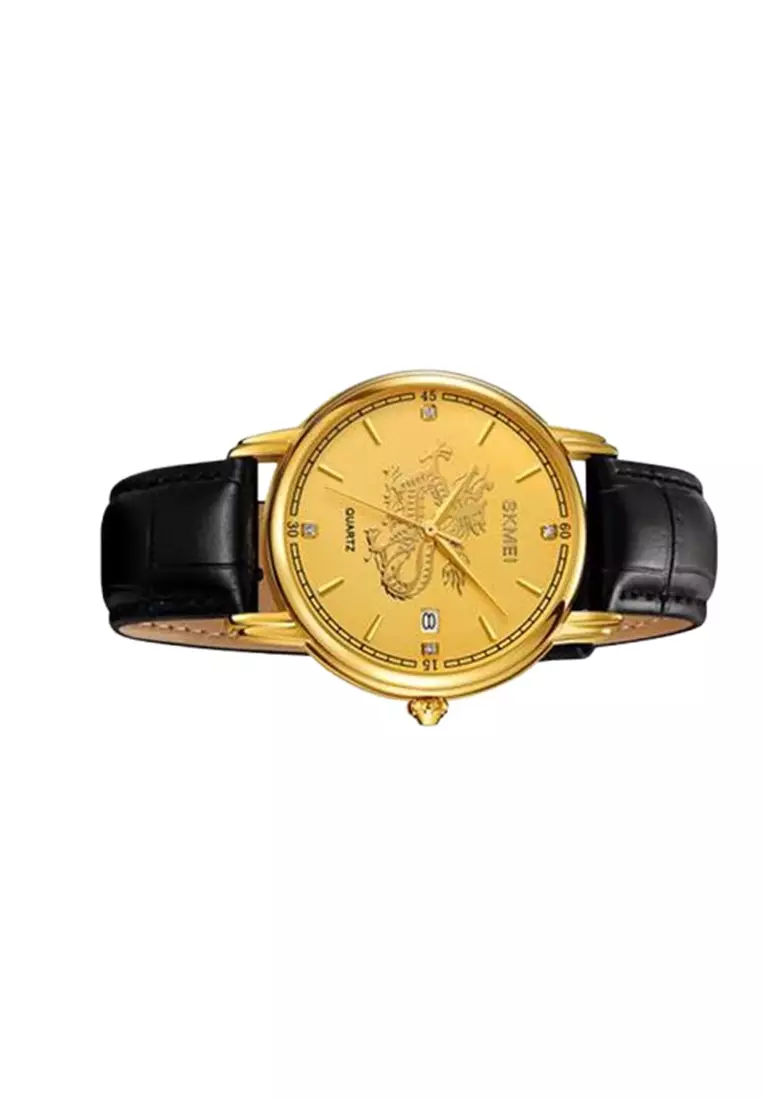 Jam Tangan Quartz Analog Shio Chinese Zodiac Waterproof 30M Naga ORIGINAL - Black Gold