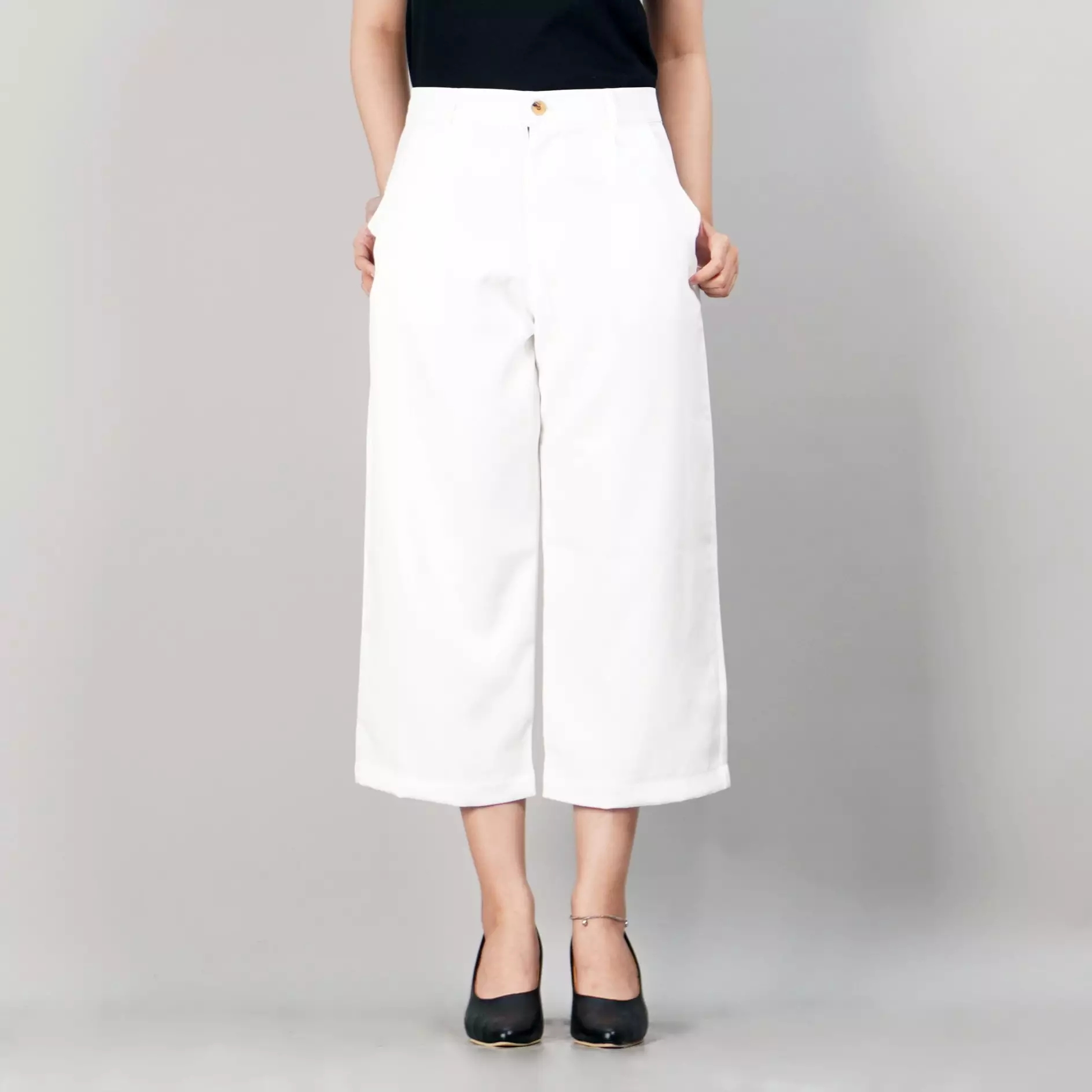 MONICA Celana Cropped Wide Leg Wanita 3/4 High Waist Wide Leg Pants - PUTIH