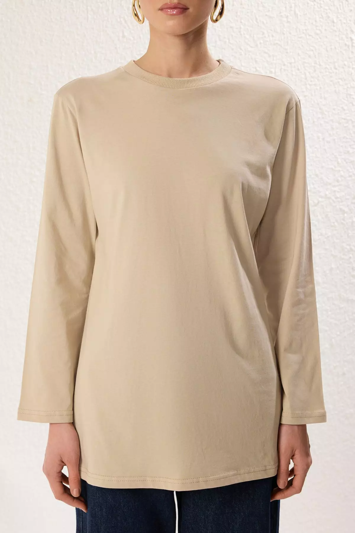 Tan Beige Long Sleeve Slit Detailed Knitted T-Shirt TCTSS25RT00000