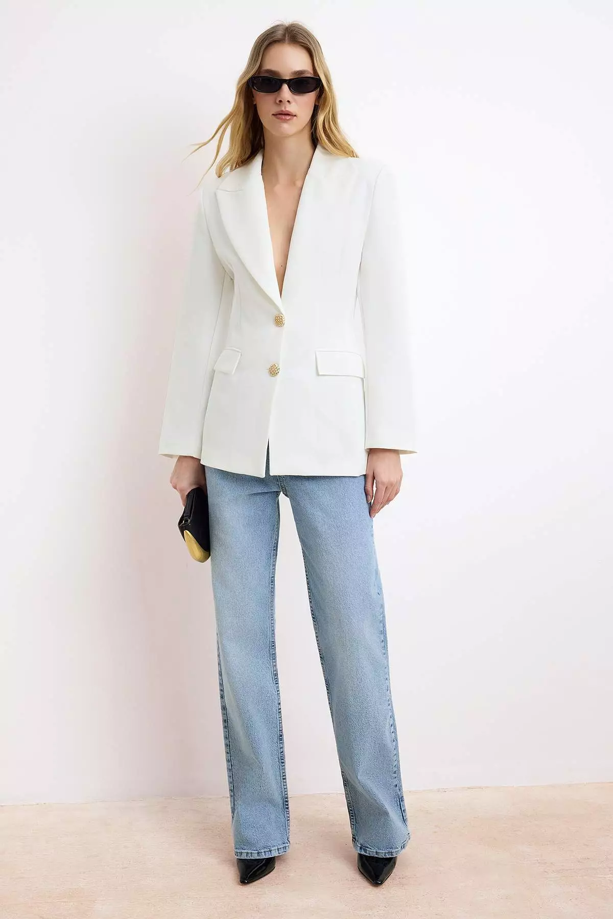 White Fitted/Body-Fitting Accessory Buttoned Collar Detailed Lined Padded Blazer Jacket Twoss26Bc28