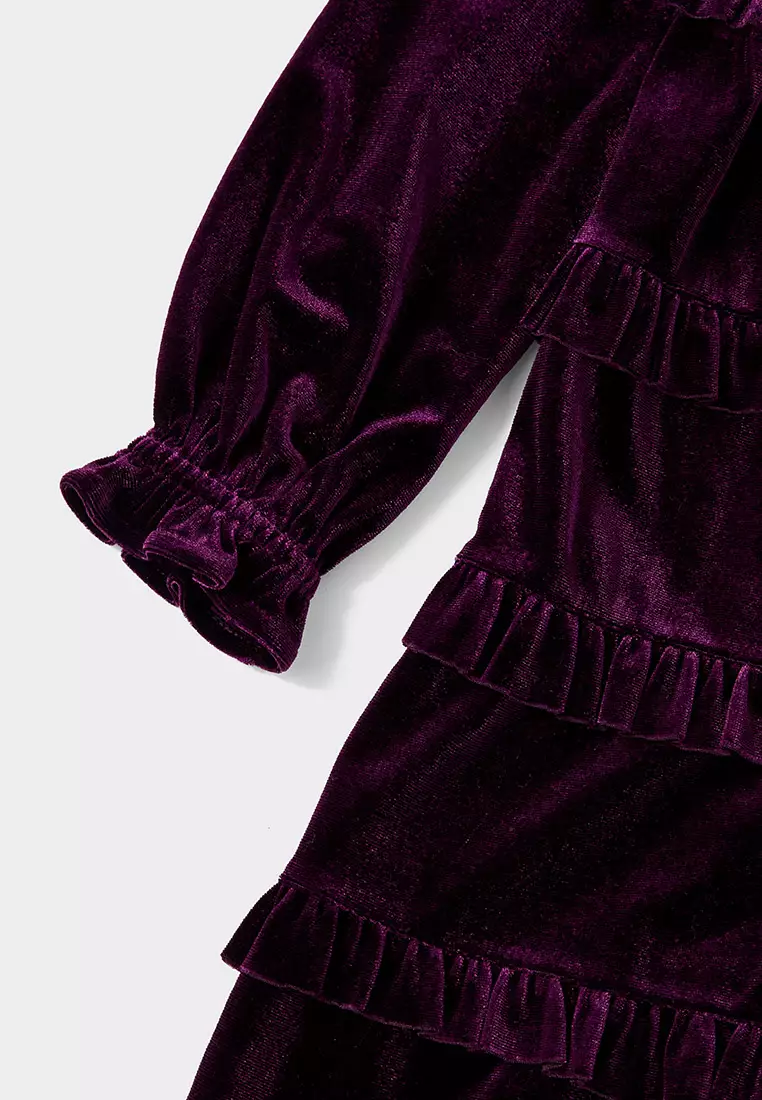 Mila 紫色分層式天鵝絨荷葉邊連身裙