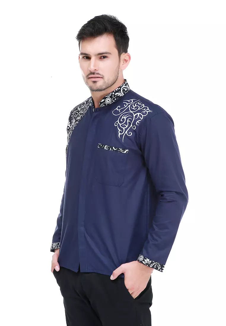 Dwan Kemeja Batik Pria Simple Atasan Formal Longsleeve Shirt Material Cotton ORIGINAL - Blue