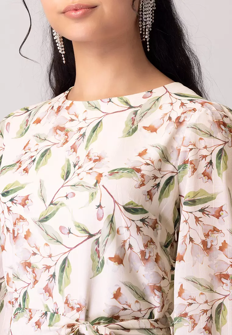 White Floral Print Shift Dress With Tie Up Belt