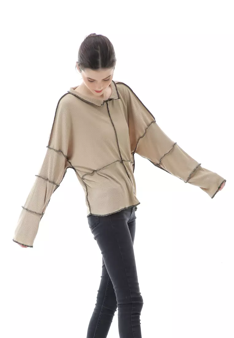 Veronica Blouse Terbalik Relaxed Motif Polos Long Sleeve Premium Quality - Cream