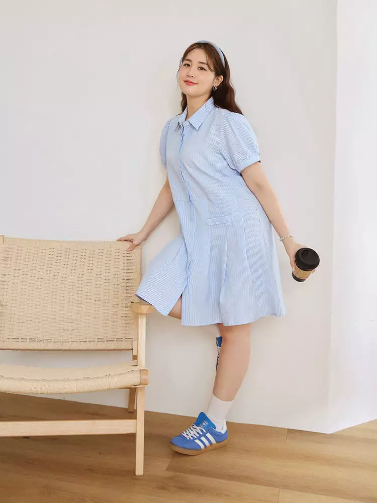 Vertical Striped Puff Sleeve Pleated Shirt Dress [DA10094]