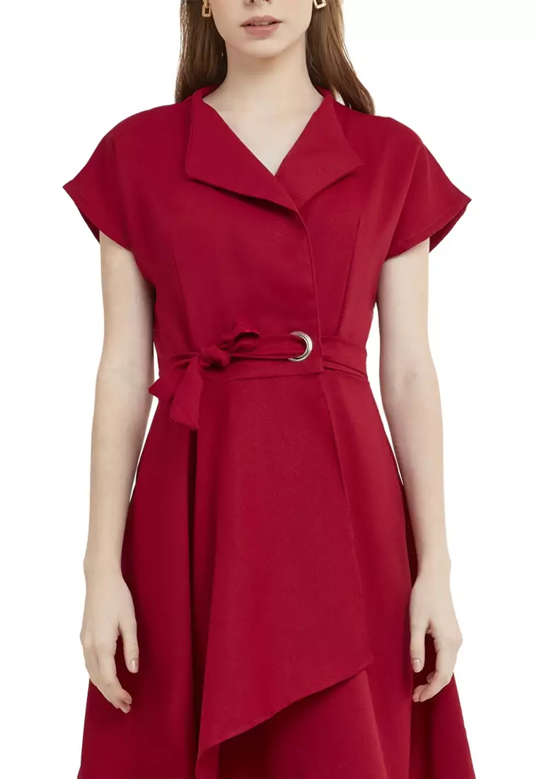 Mini Dress Kasual Lengan Pendek Collar Neckline Baju Wanita Regular Fit - Maroon