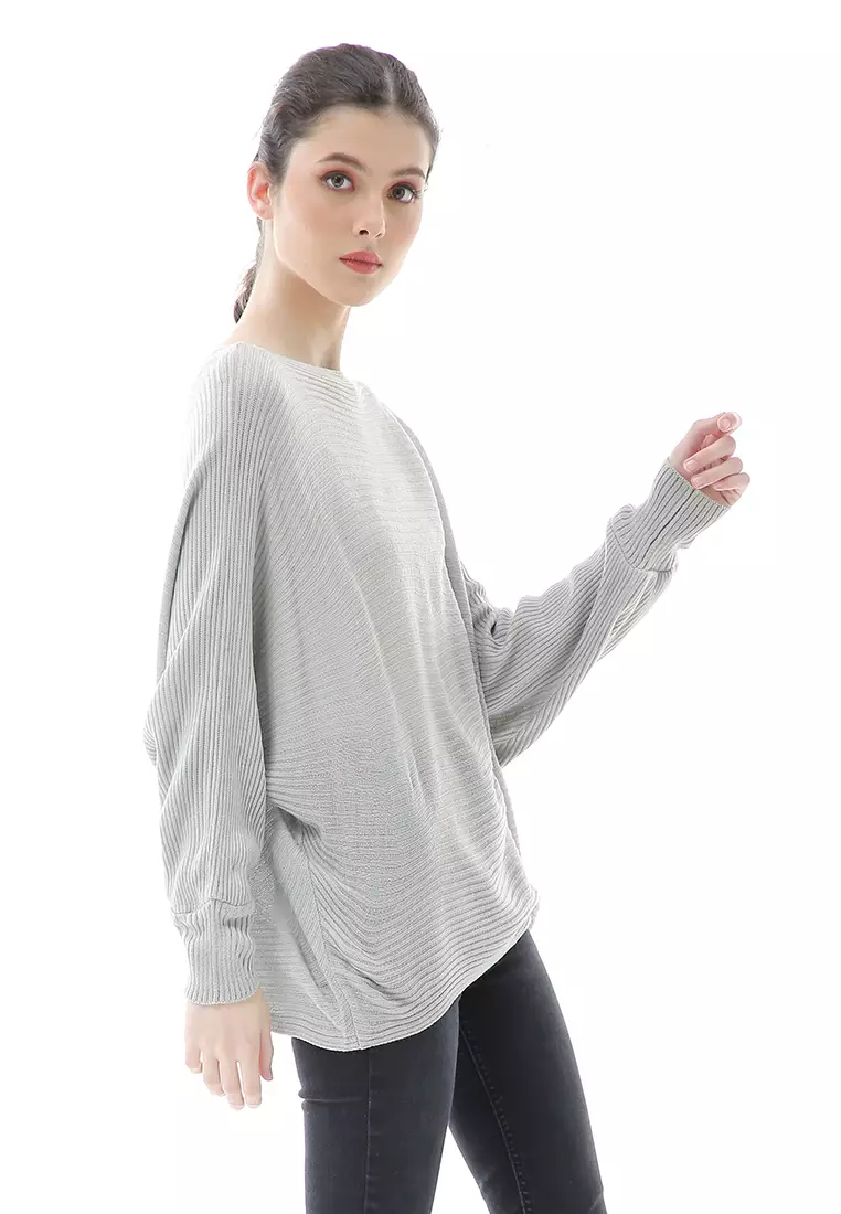 Eveline Sweater Rajut Batwing Atasan Wanita Motif Polos High Quality - Abu Muda